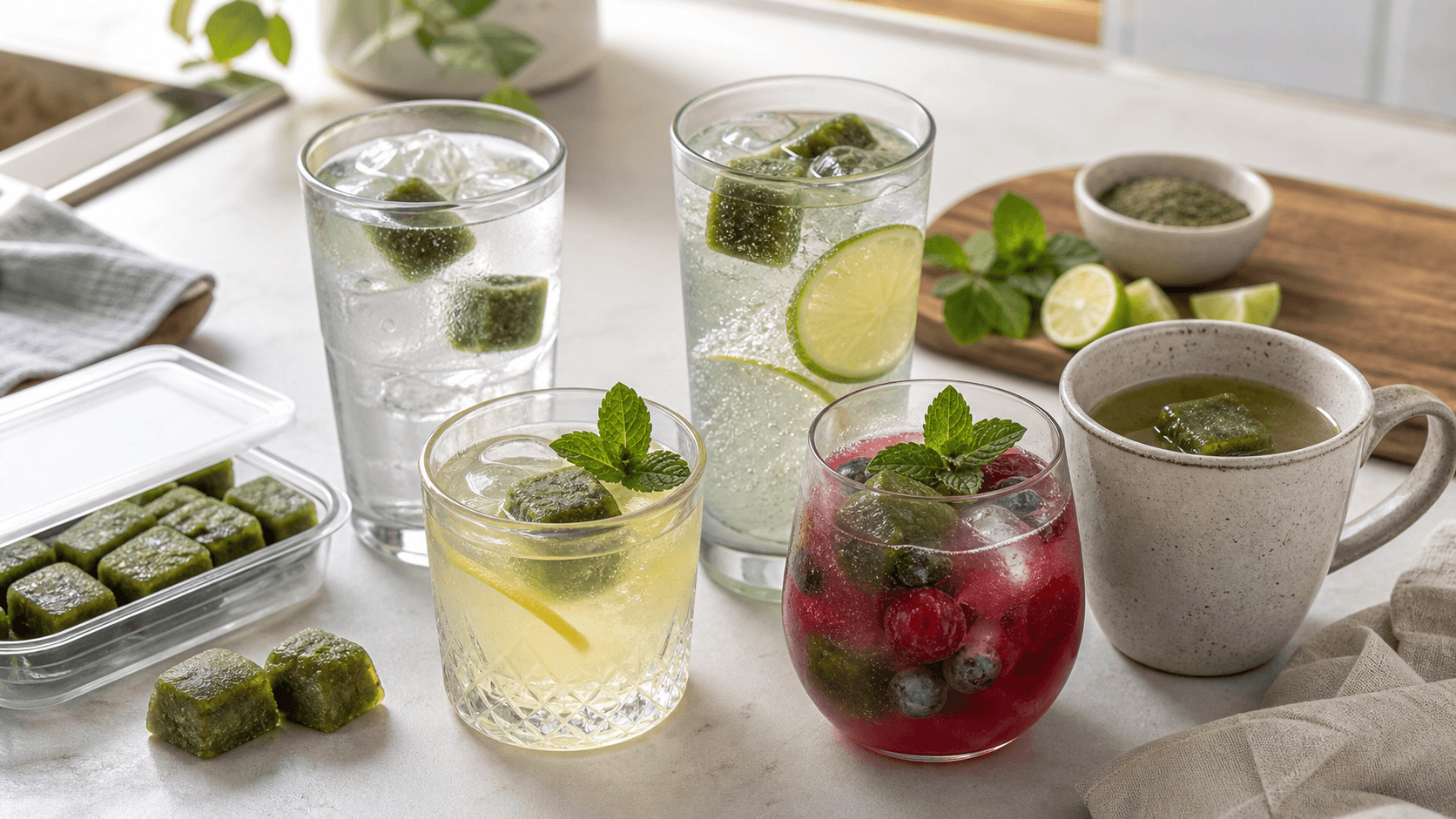 Five drinks made with green frozen yerba mate cubes, including sparkling lime water, lemonade, a berry cooler, plain water, and a warm mug