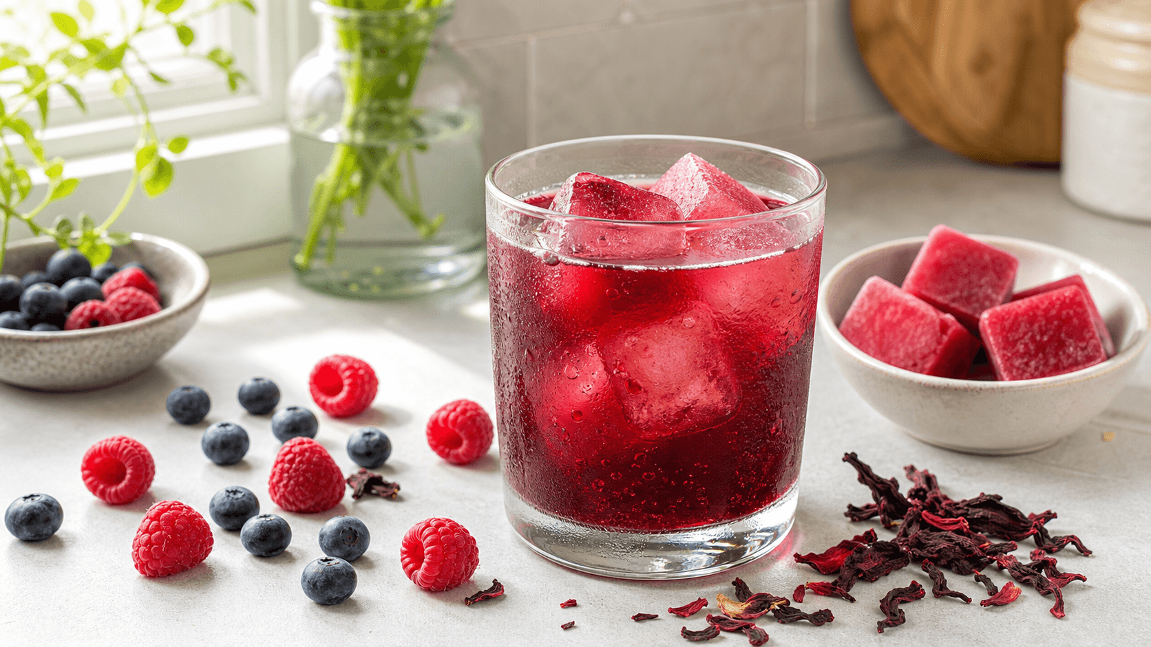 A ruby-colored berry hibiscus yerba mate drink with frozen cubes, raspberries, blueberries, and dried hibiscus on a bright kitchen counter