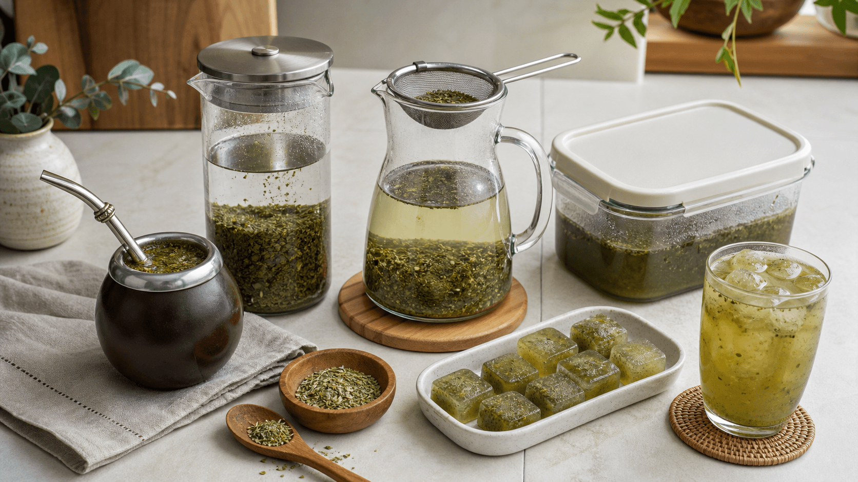 A mate gourd and bombilla, covered brewing jar, pitcher and strainer, freezer container, frozen mate cubes, and an iced glass on a bright kitchen counter