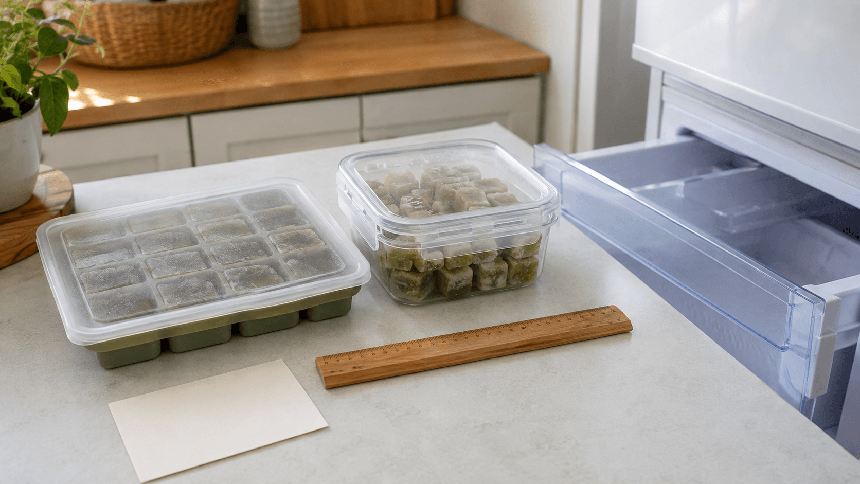 A covered tray and lidded container of green mate cubes beside a ruler, blank card, and open freezer drawer