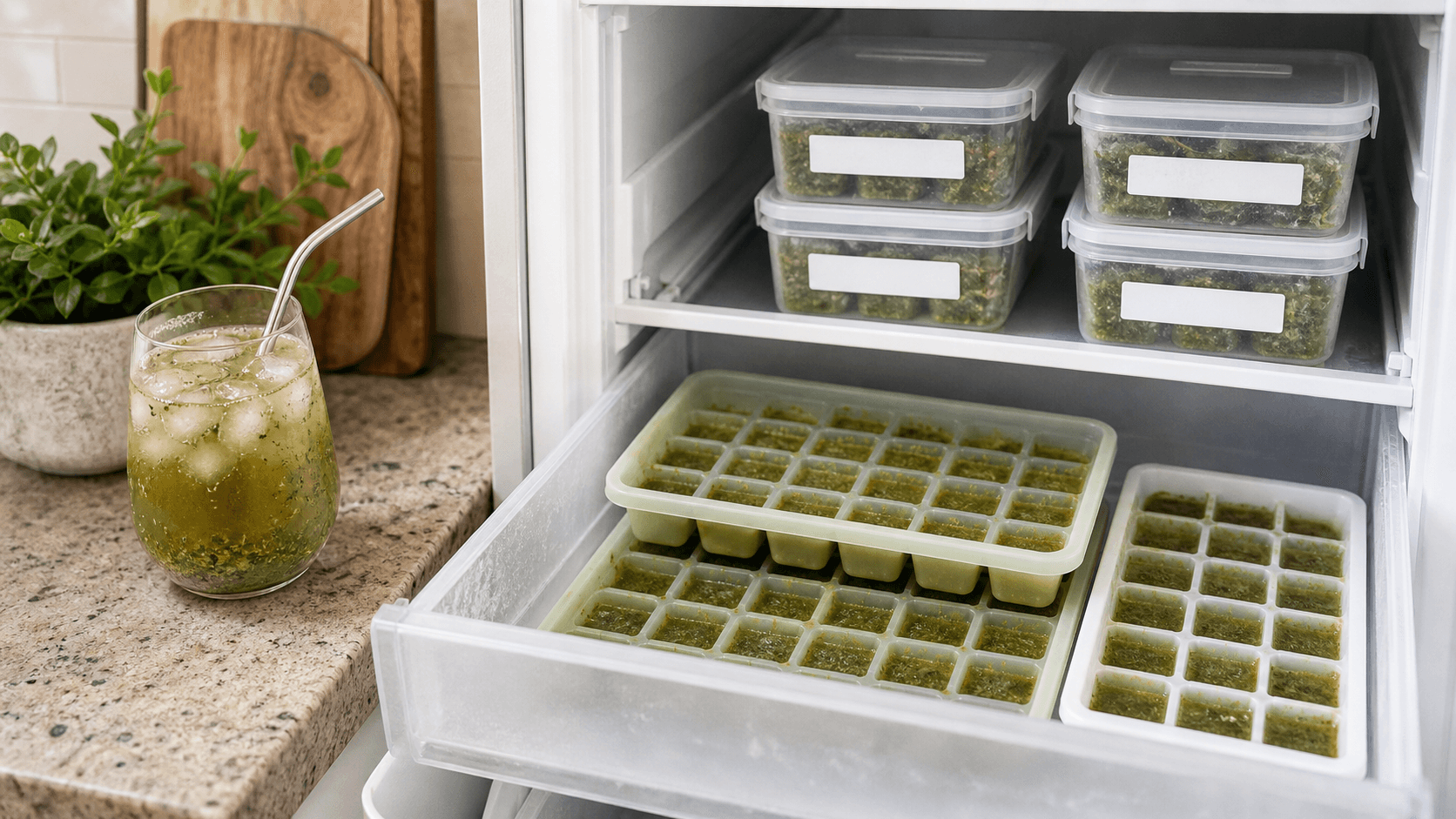 Silicone trays and covered containers holding green yerba mate cubes in an organized freezer drawer