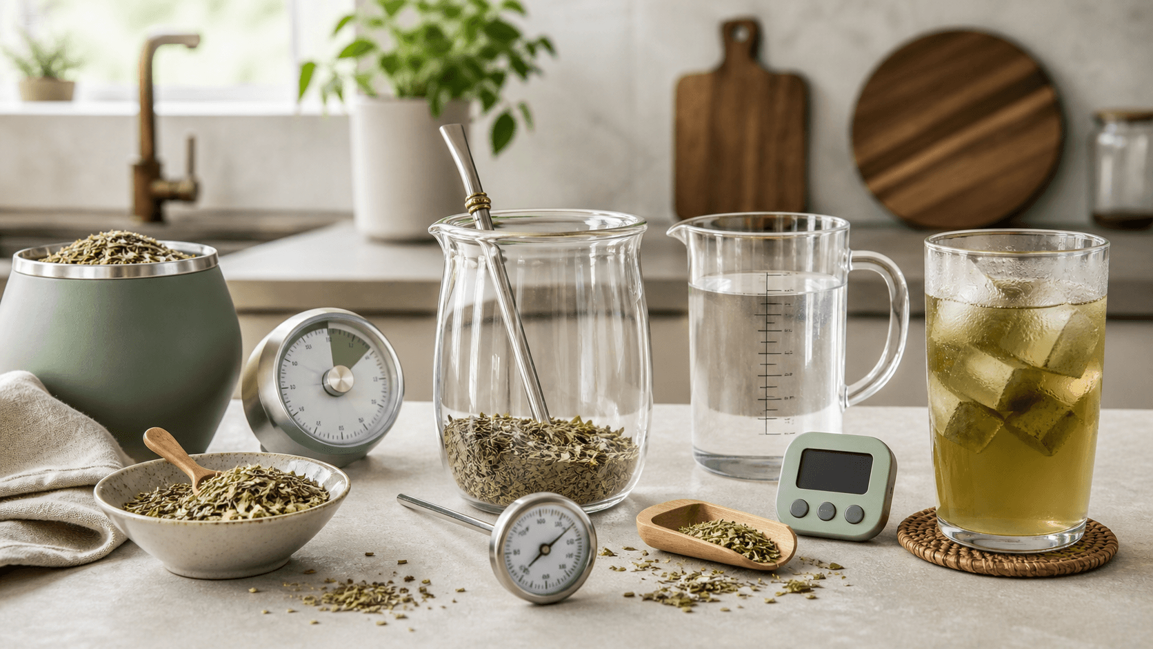 Loose yerba mate, a brewing vessel, timer, thermometer, measuring glass, and an iced mate drink arranged on a kitchen counter