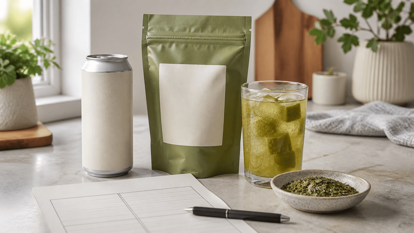 Two unbranded beverage packages with blank labels beside an iced yerba mate glass and an empty paper worksheet