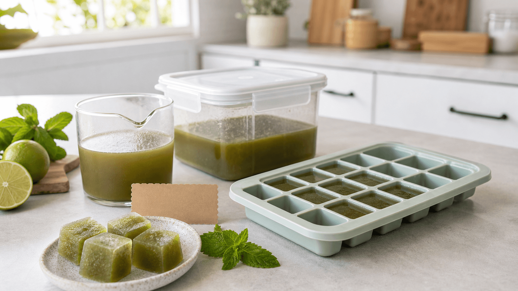 Brewed yerba mate in a covered container beside a silicone cube tray and frozen green cubes on a bright kitchen counter