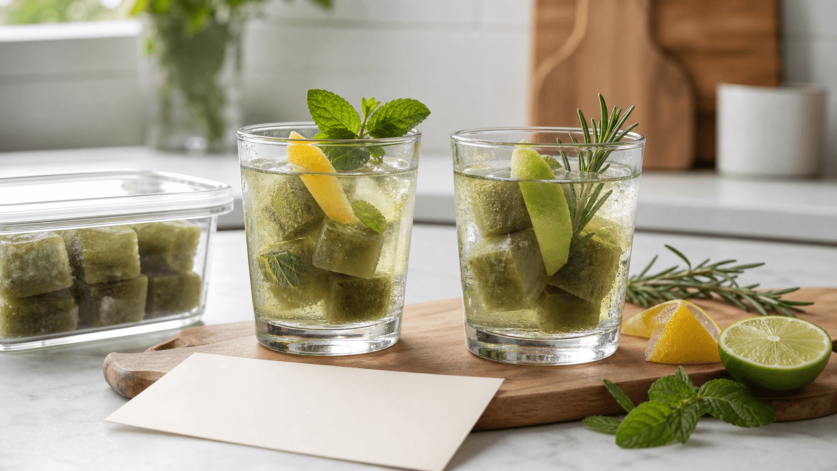 Two glasses of yerba mate cubes, one with lemon peel and mint and one with lime peel and rosemary, beside a covered cube container