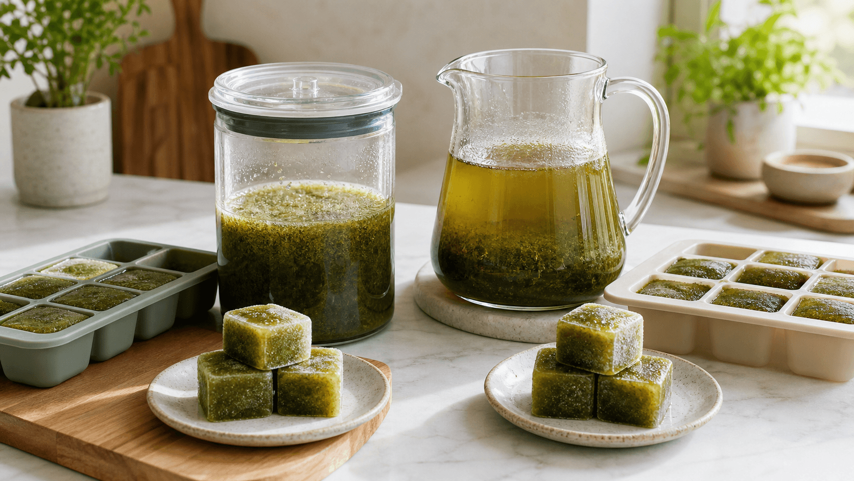 Two unlabeled batches of yerba mate beside matching trays and frozen green cubes on a bright kitchen counter