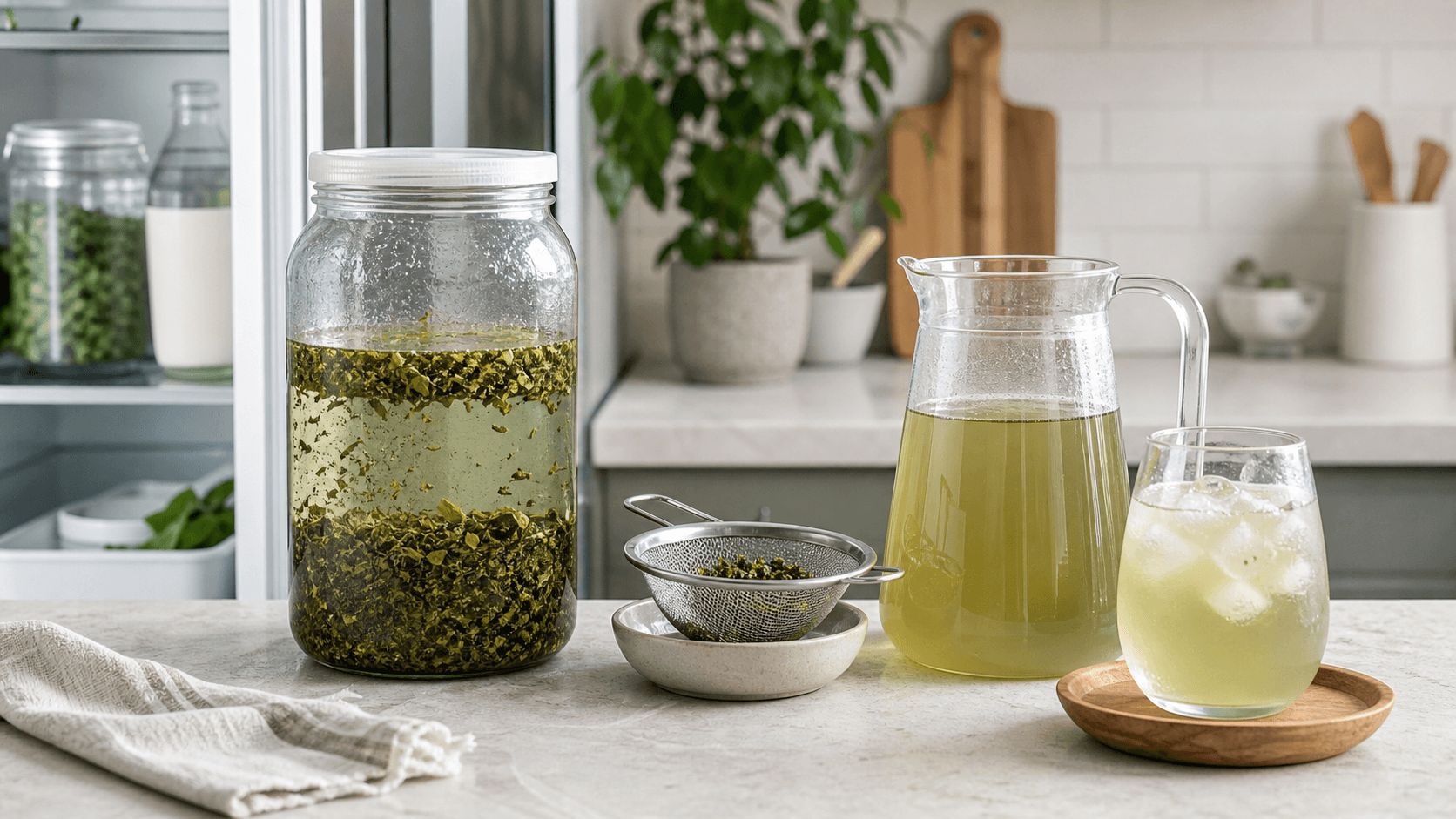 A covered jar of cold-steeping yerba mate beside a strainer, pitcher, and finished iced glass on a bright kitchen counter