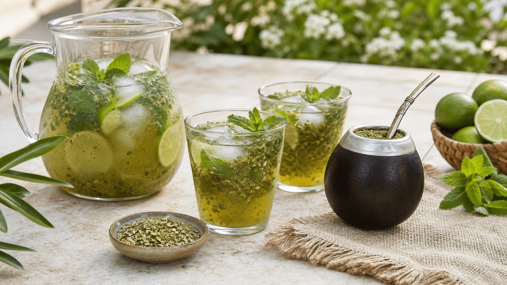 Cold yerba mate with lime, mint, a pitcher, and a traditional-style mate vessel on a patio table