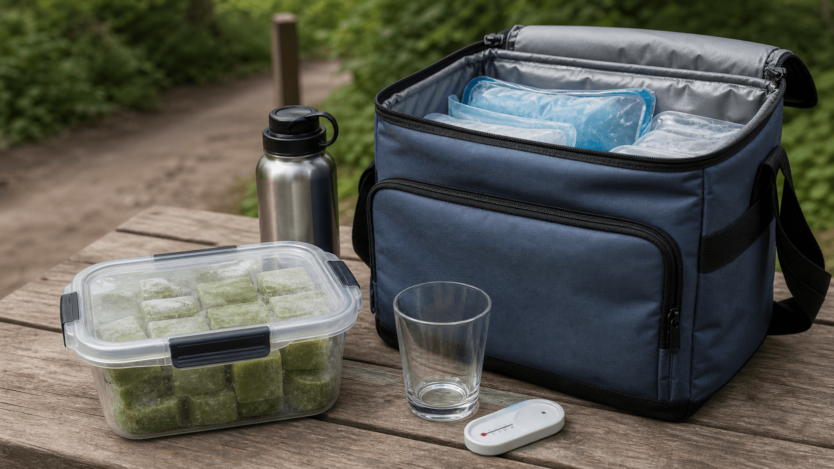 A sealed container of green yerba mate cubes beside an insulated cooler, frozen gel packs, a water bottle, glass, and thermometer