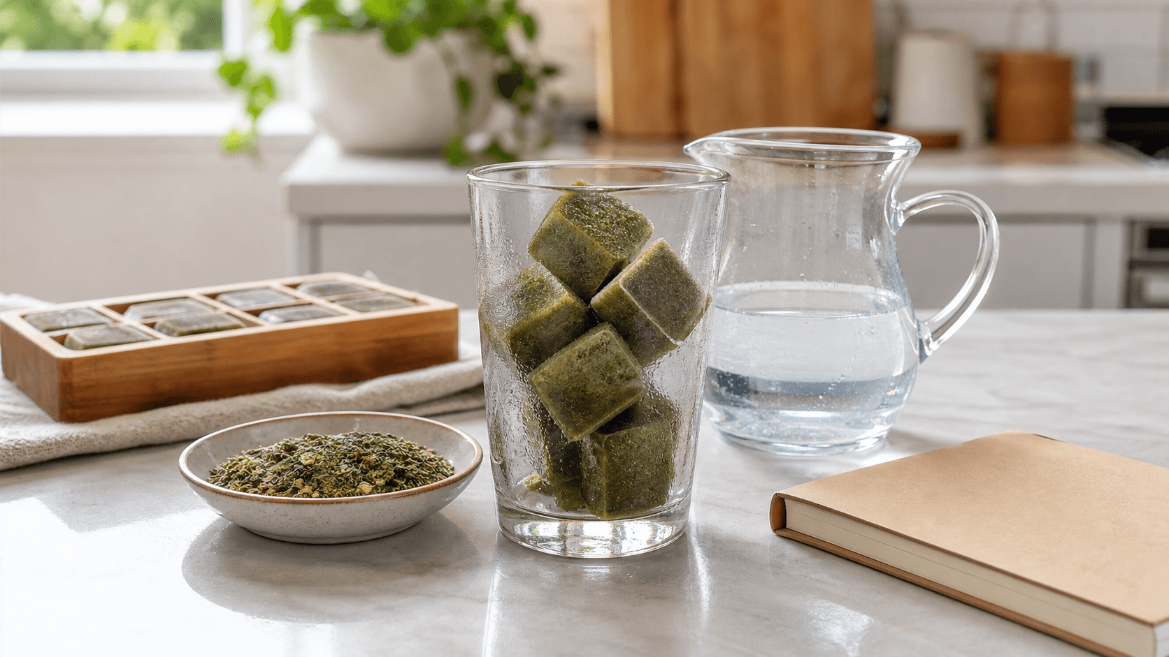 Cold yerba mate cubes in a clear glass beside cold water, loose mate leaves, and a blank notebook on a bright kitchen counter