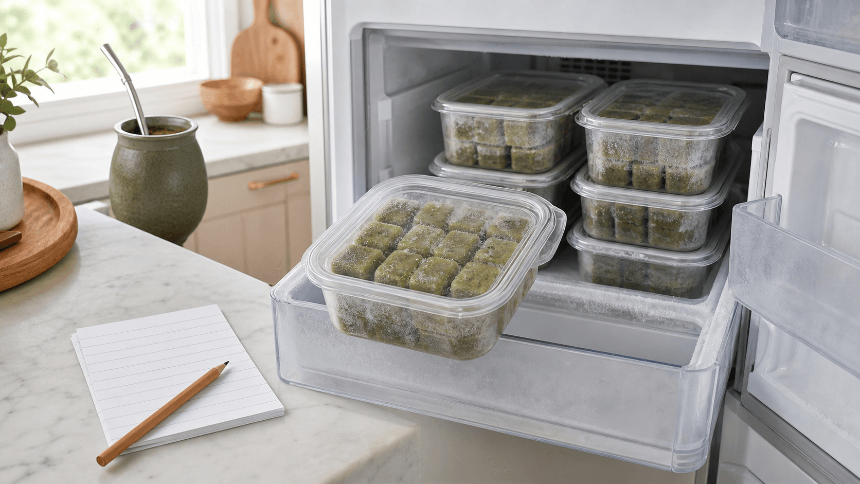 Lidded containers of green yerba mate cubes grouped in an open freezer beside a blank inventory card and pencil