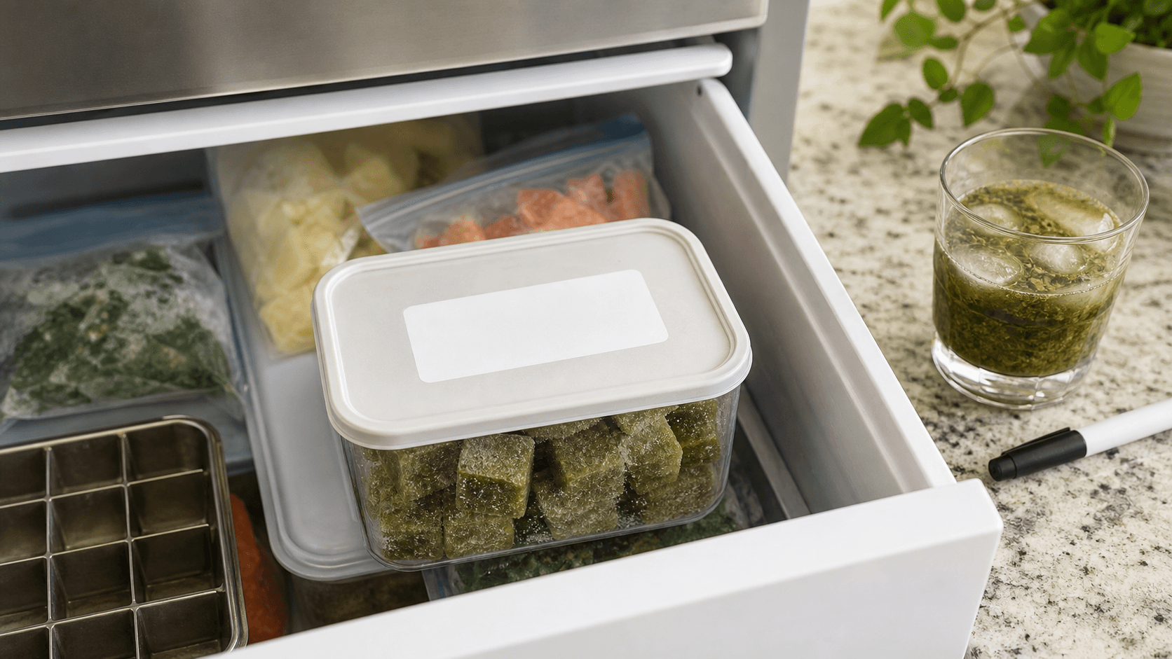 A covered container of green yerba mate cubes with a blank freezer label in an organized freezer drawer