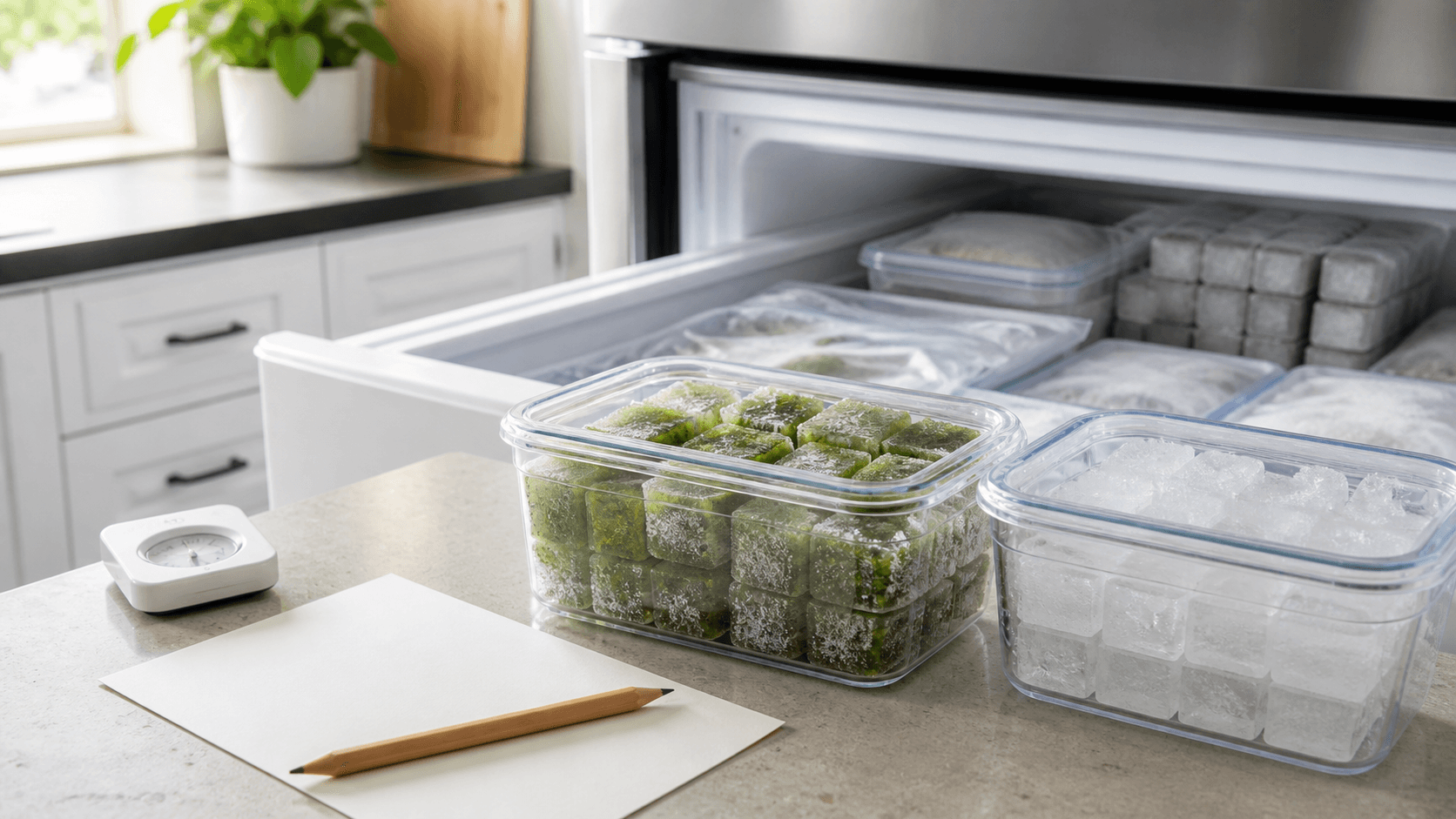 Sealed containers of frosted green yerba mate cubes and clear ice cubes beside a blank observation card and freezer thermometer