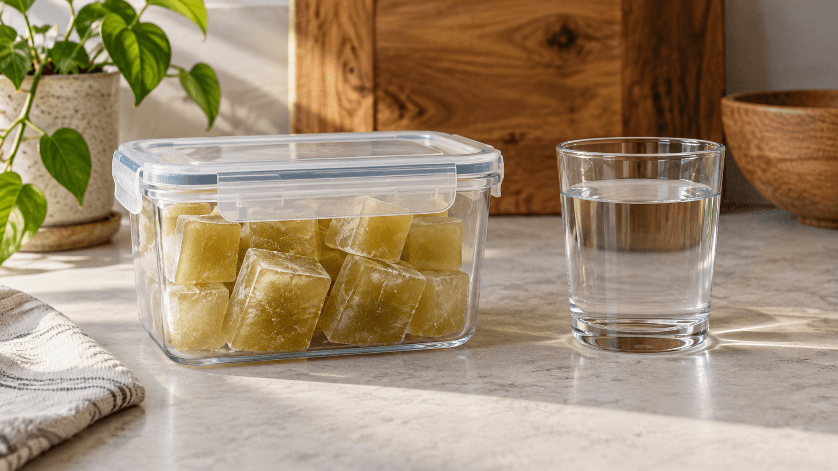Illustrative covered container of amber-green mate cubes beside a glass of water