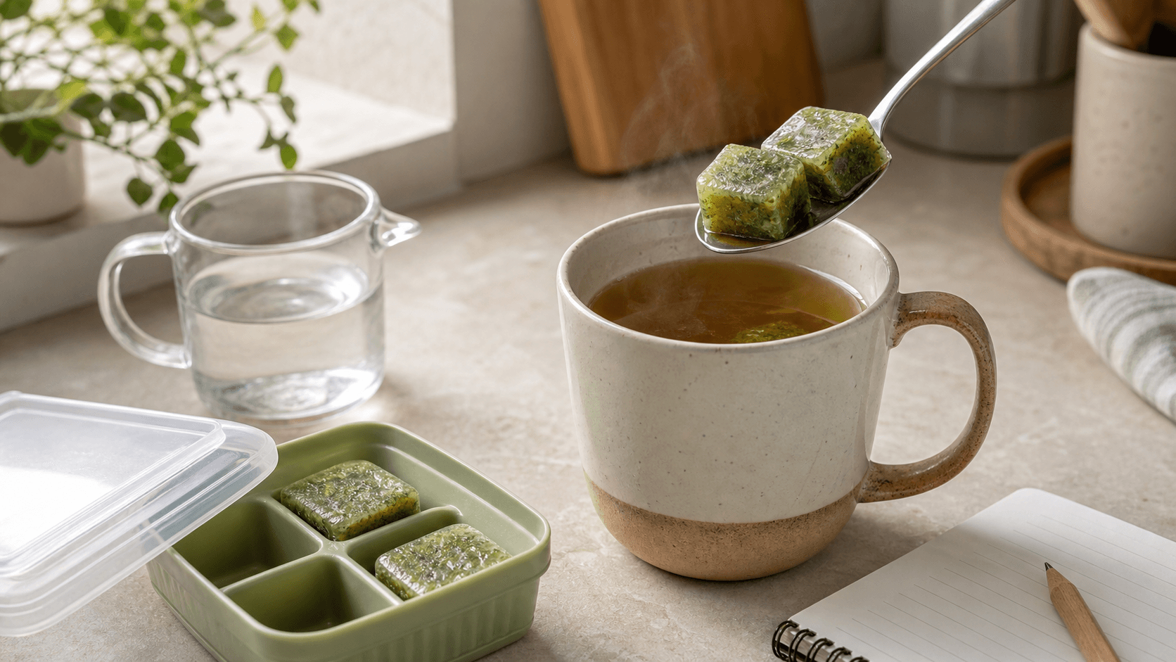 Frozen green yerba mate cubes on a spoon above a warm ceramic mug, with water, a covered cube tray, and a blank notebook nearby