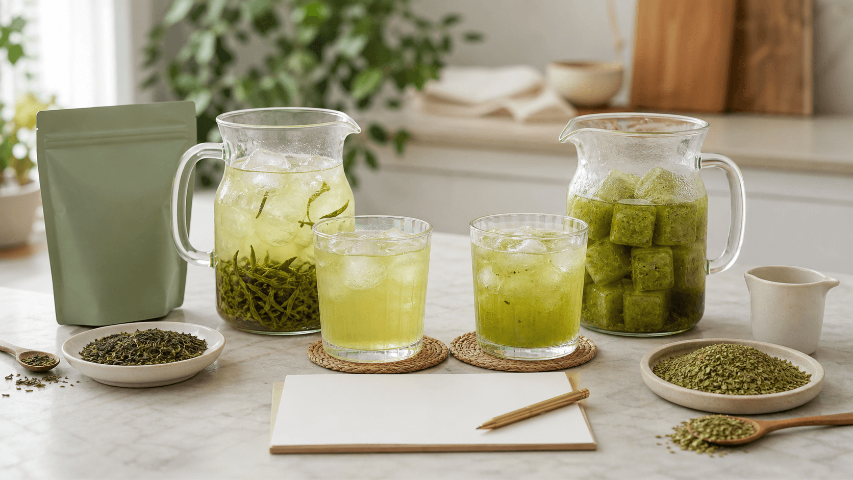 Matching glasses of iced green tea and yerba mate beside two pitchers, a blank green tea package, loose leaves, frozen mate cubes, and a blank tasting card