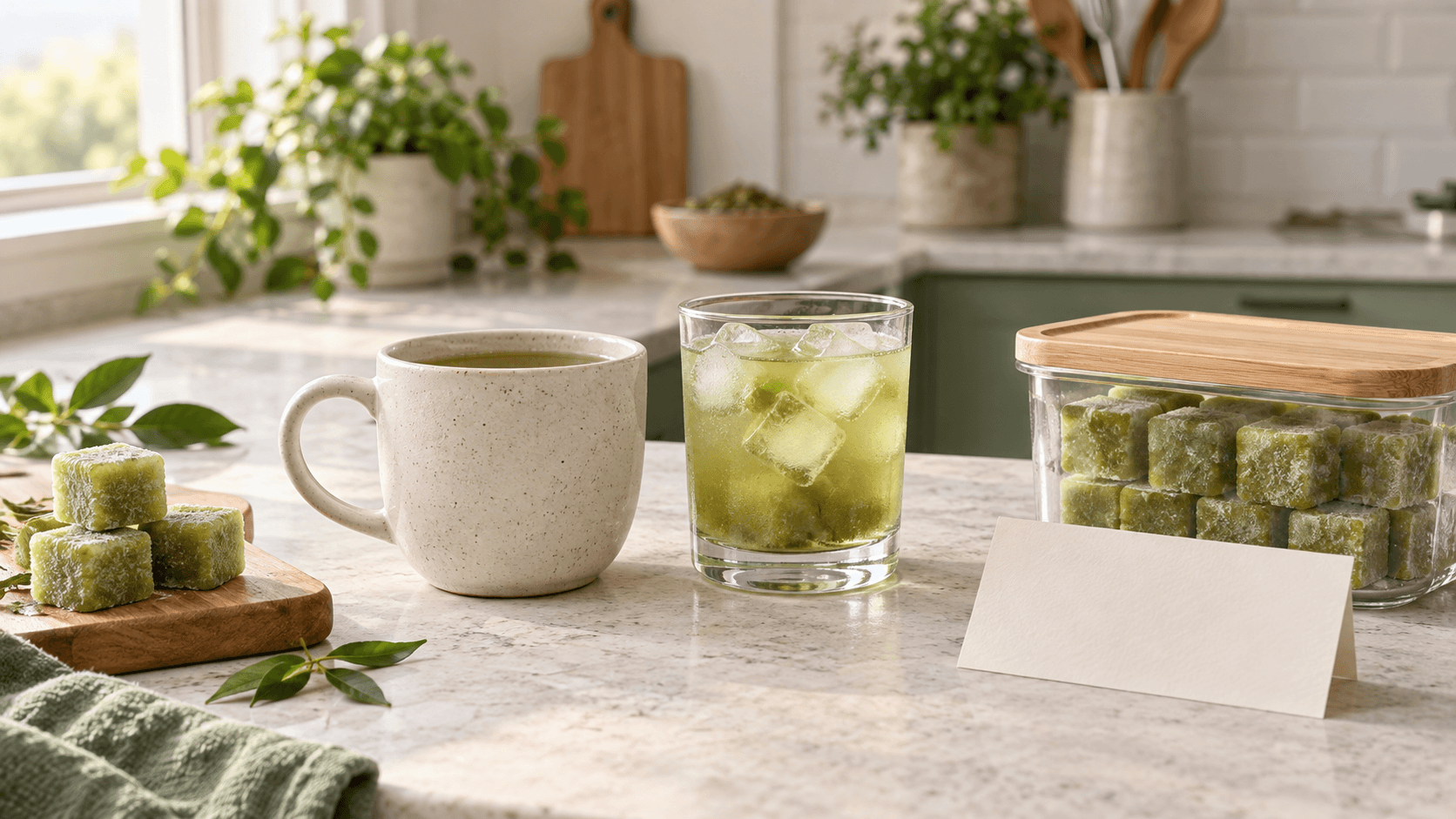 Illustrative mug and iced glass beside a covered container of frozen green mate cubes