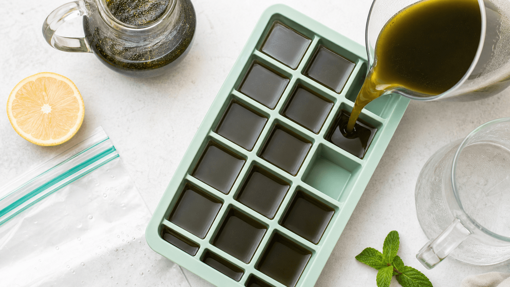 A silicone tray being filled with brewed yerba mate for freezer cubes
