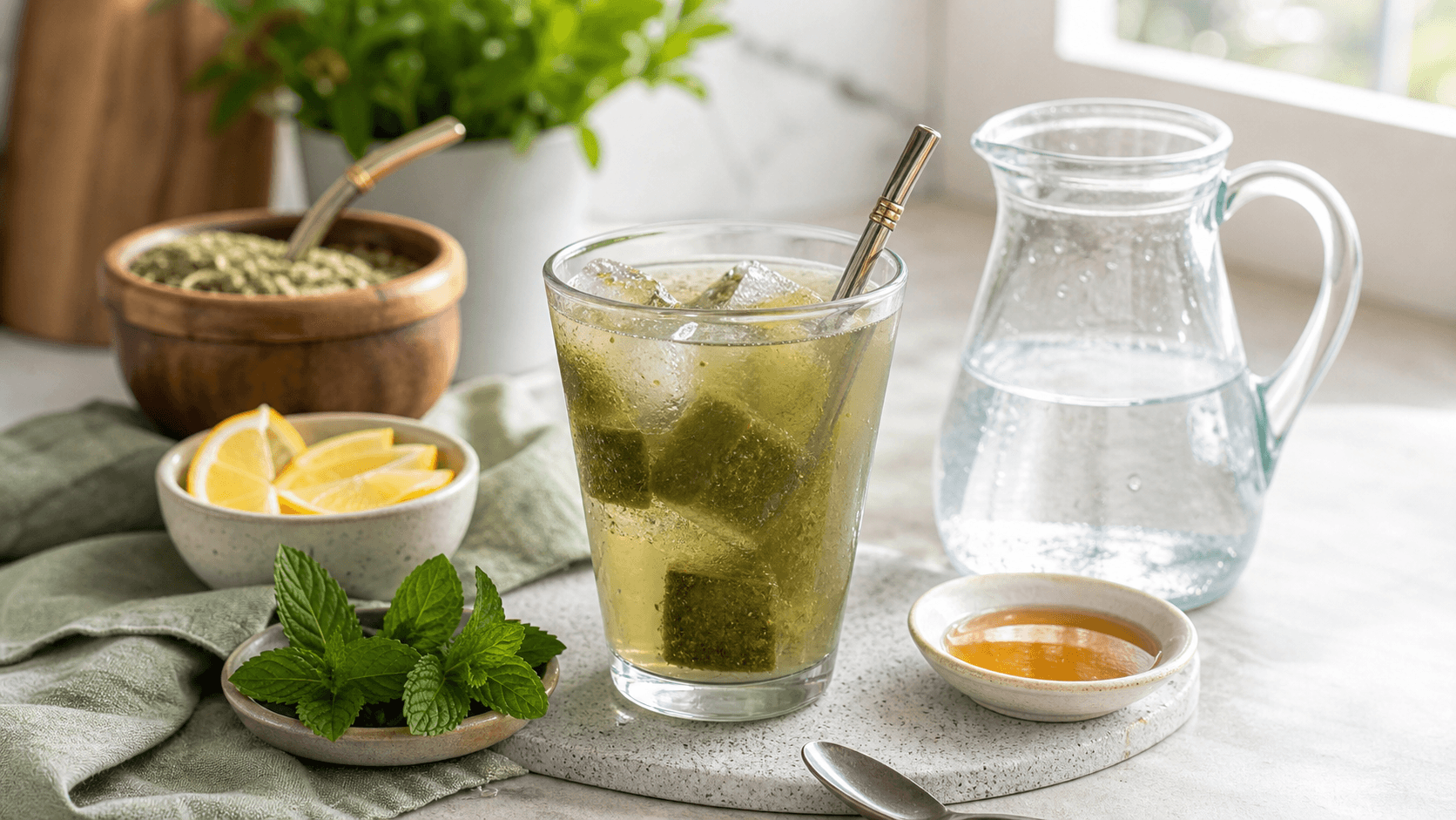 An iced yerba mate glass with green frozen cubes beside lemon, mint, honey, and cold water on a bright kitchen counter