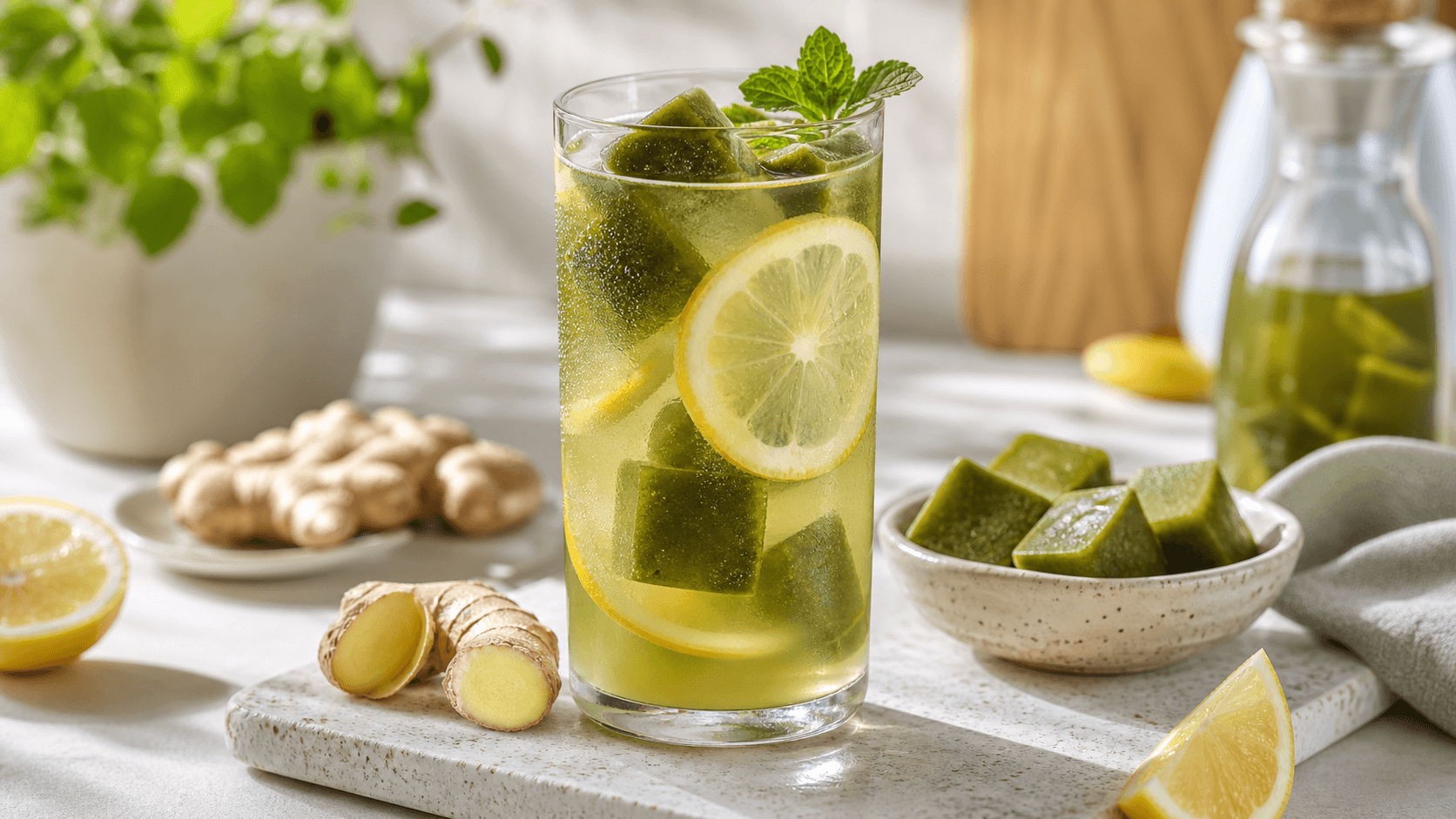 A lemon ginger yerba mate cooler with green frozen cubes on a bright kitchen counter