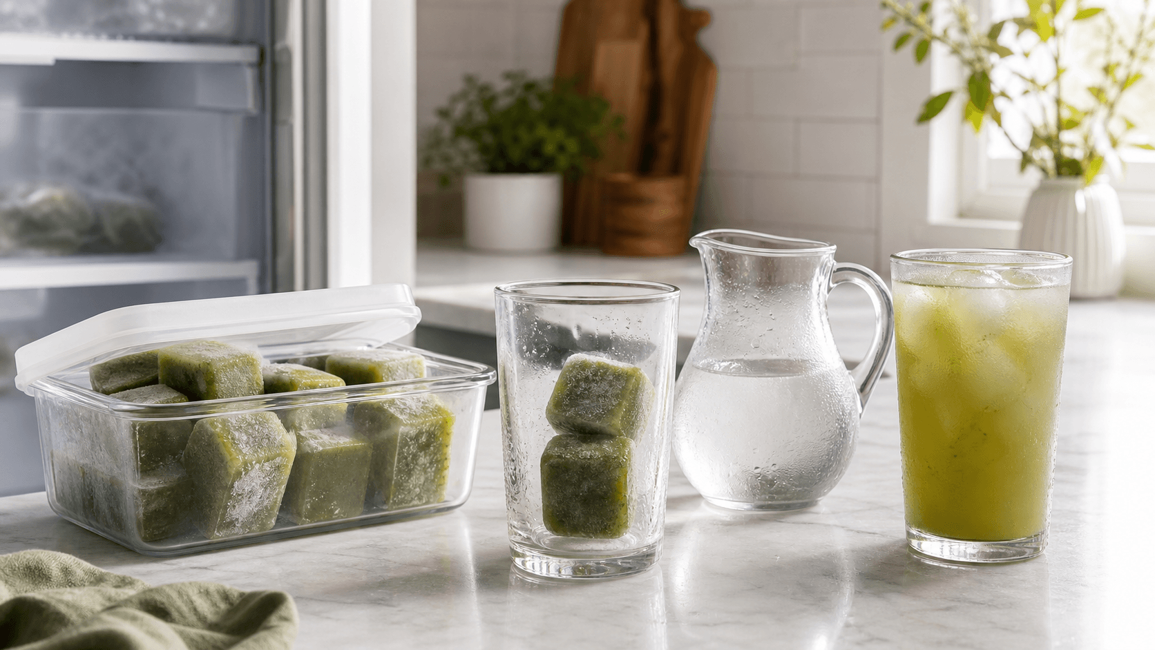 A covered container of green yerba mate cubes beside a glass with two cubes, a pitcher of cold water, and a finished iced mate