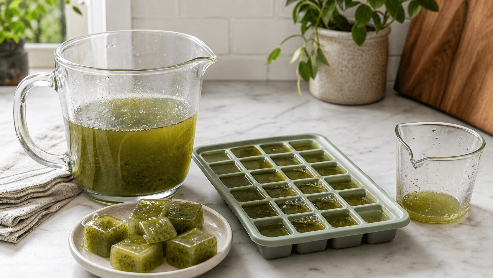 A measuring jug of brewed yerba mate beside a filled silicone tray, frozen mate cubes, and a small amount of leftover liquid
