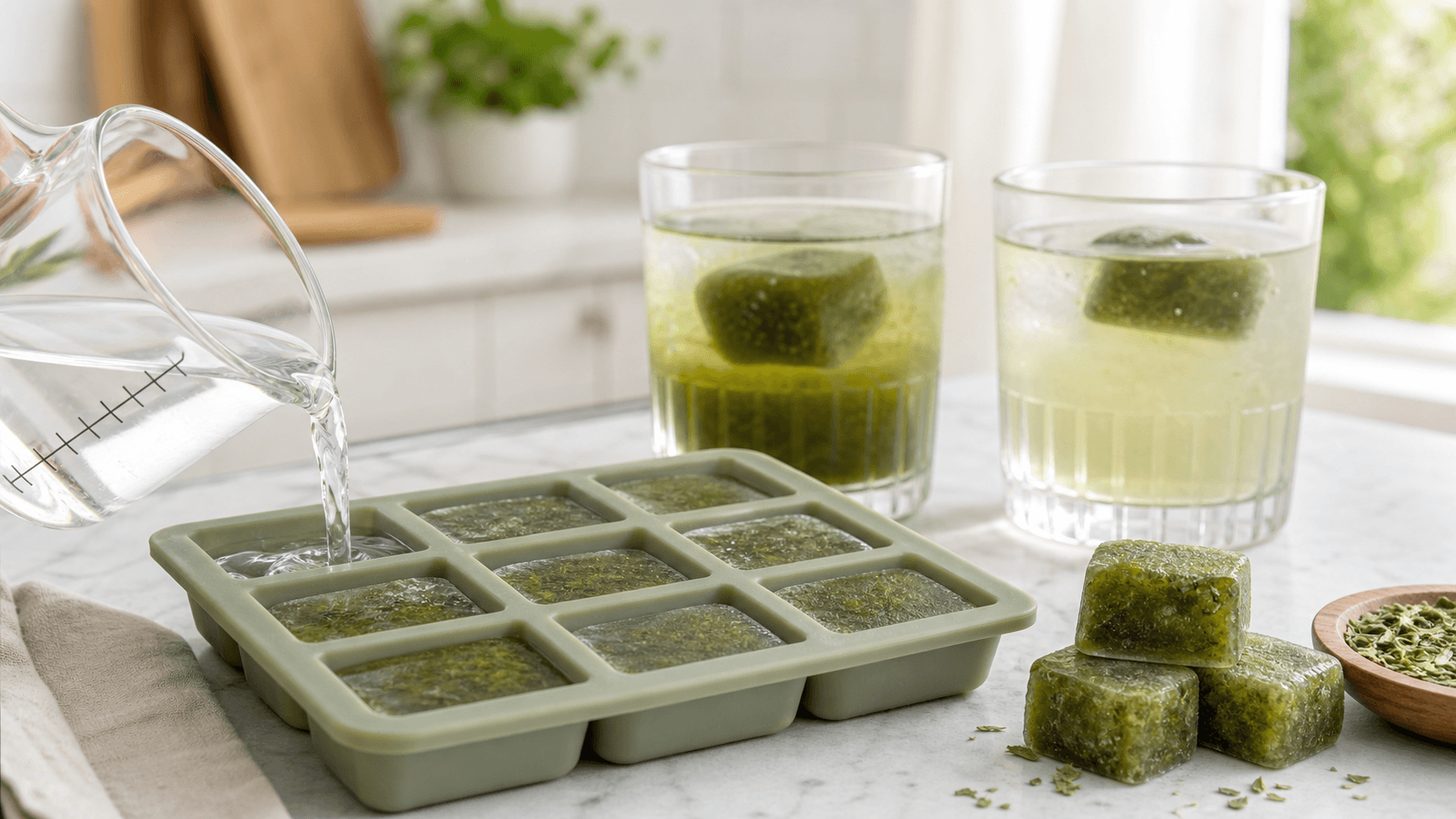 Plain water being poured into a silicone tray beside green frozen yerba mate cubes and two finished glasses