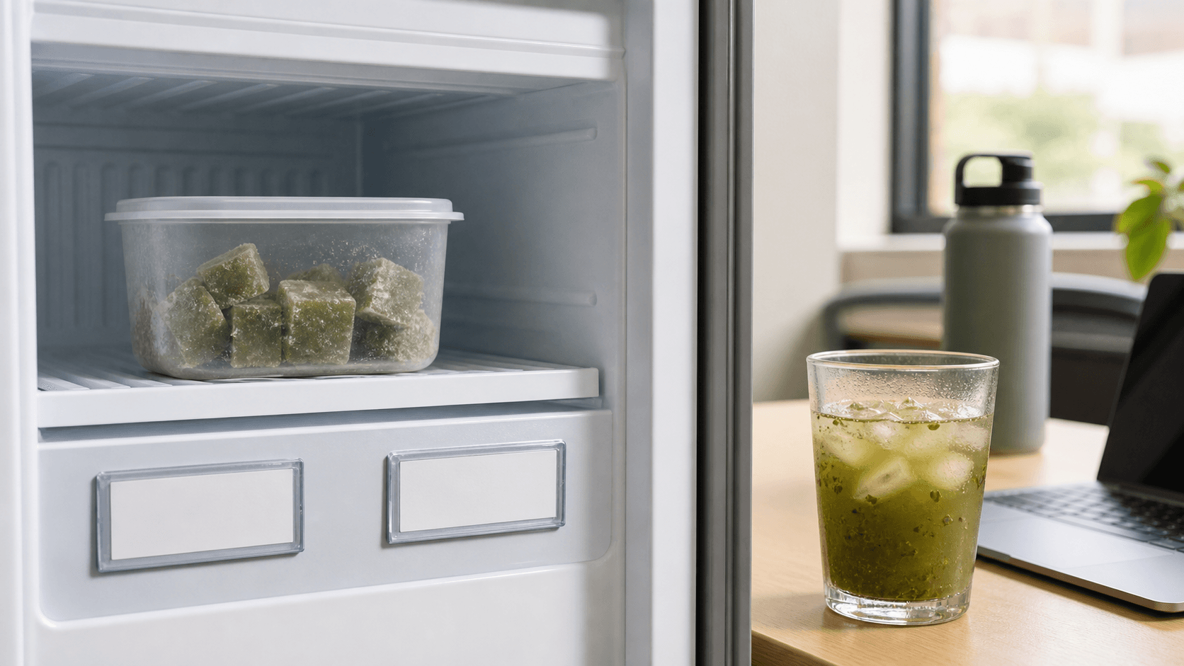 A covered container of green yerba mate cubes in an office freezer beside a glass of iced mate on a desk