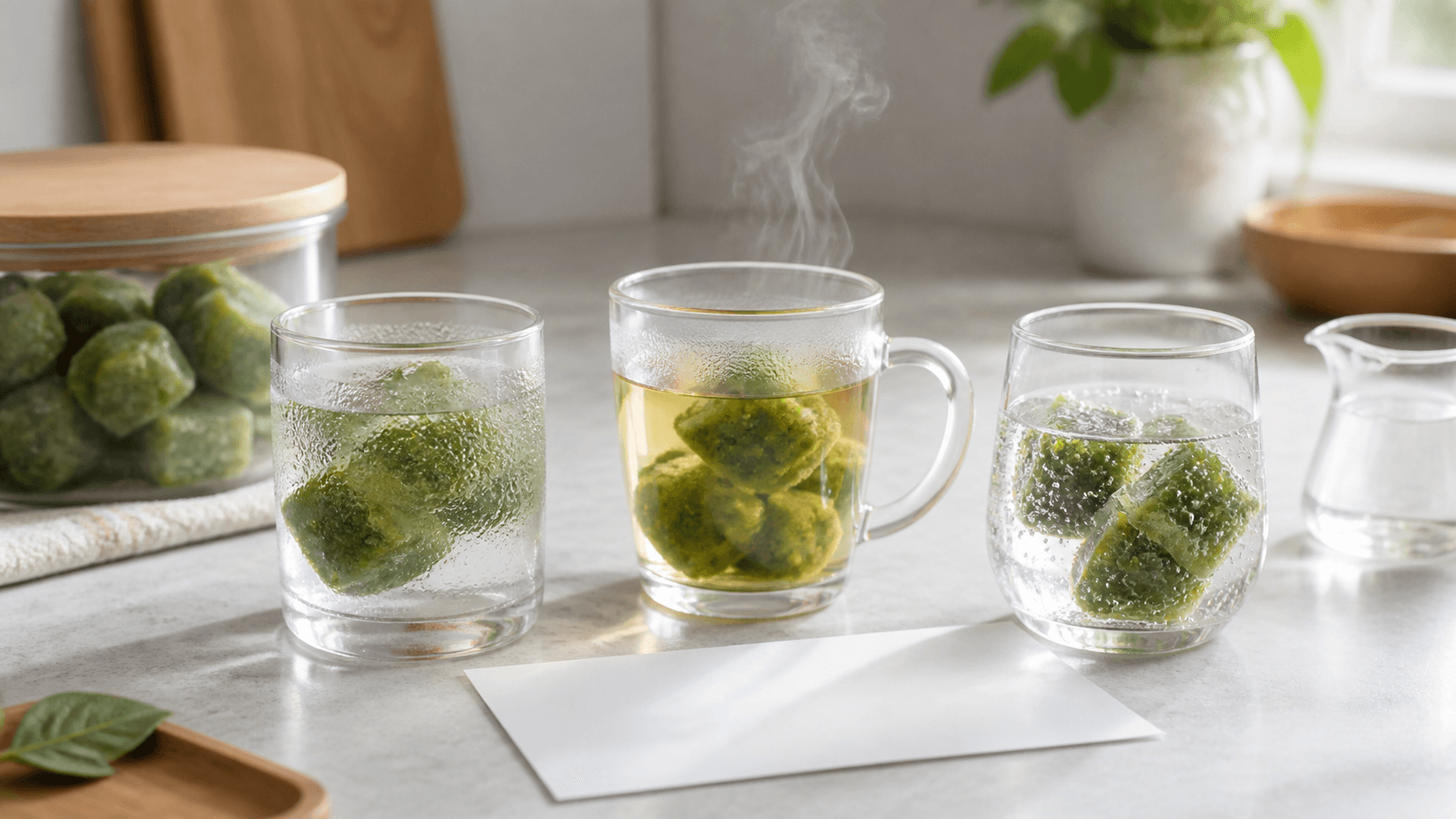 The same green yerba mate cubes finished in a cold glass, a warm mug, and a sparkling glass on a bright kitchen counter