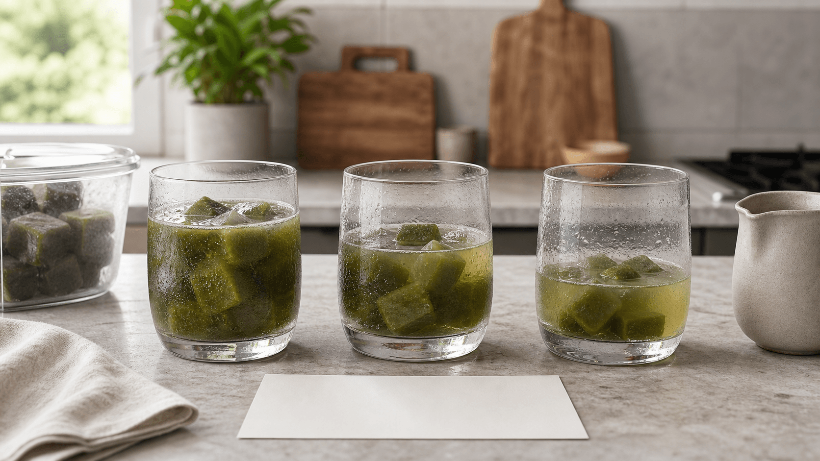 Three identical glasses with green yerba mate cubes and different water levels beside a covered cube container and blank tasting card