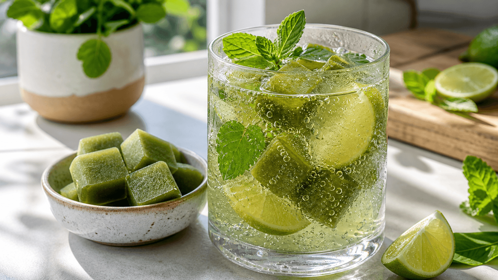 A sparkling mint lime yerba mate drink with green frozen cubes on a bright kitchen counter