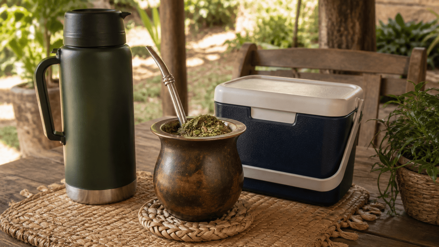 A guampa filled with yerba mate and fitted with a metal bombilla beside a thermos and small cooler on an outdoor table