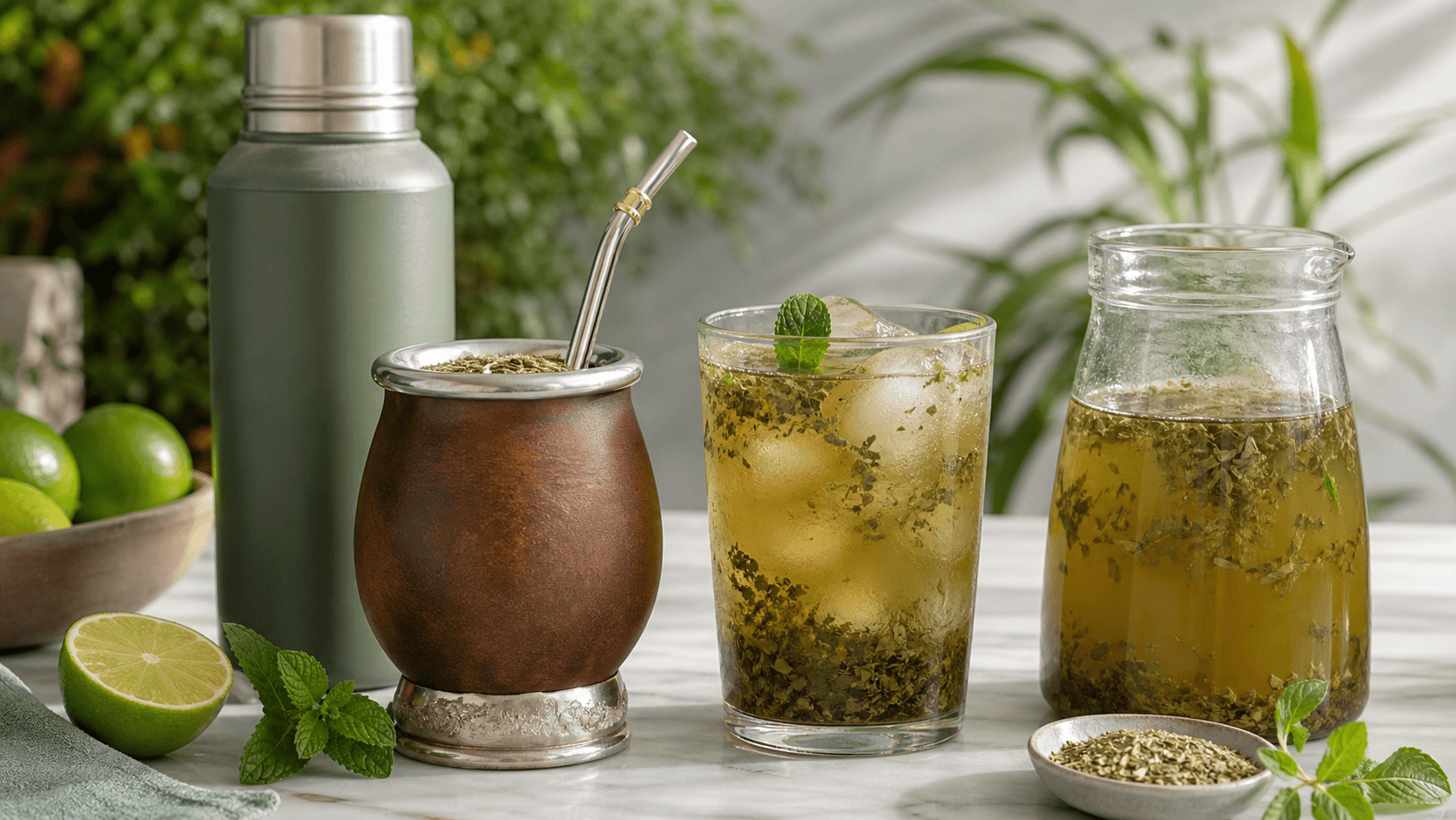 A traditional-style terere vessel, an iced yerba mate glass, and a cold brew mate pitcher on a bright table