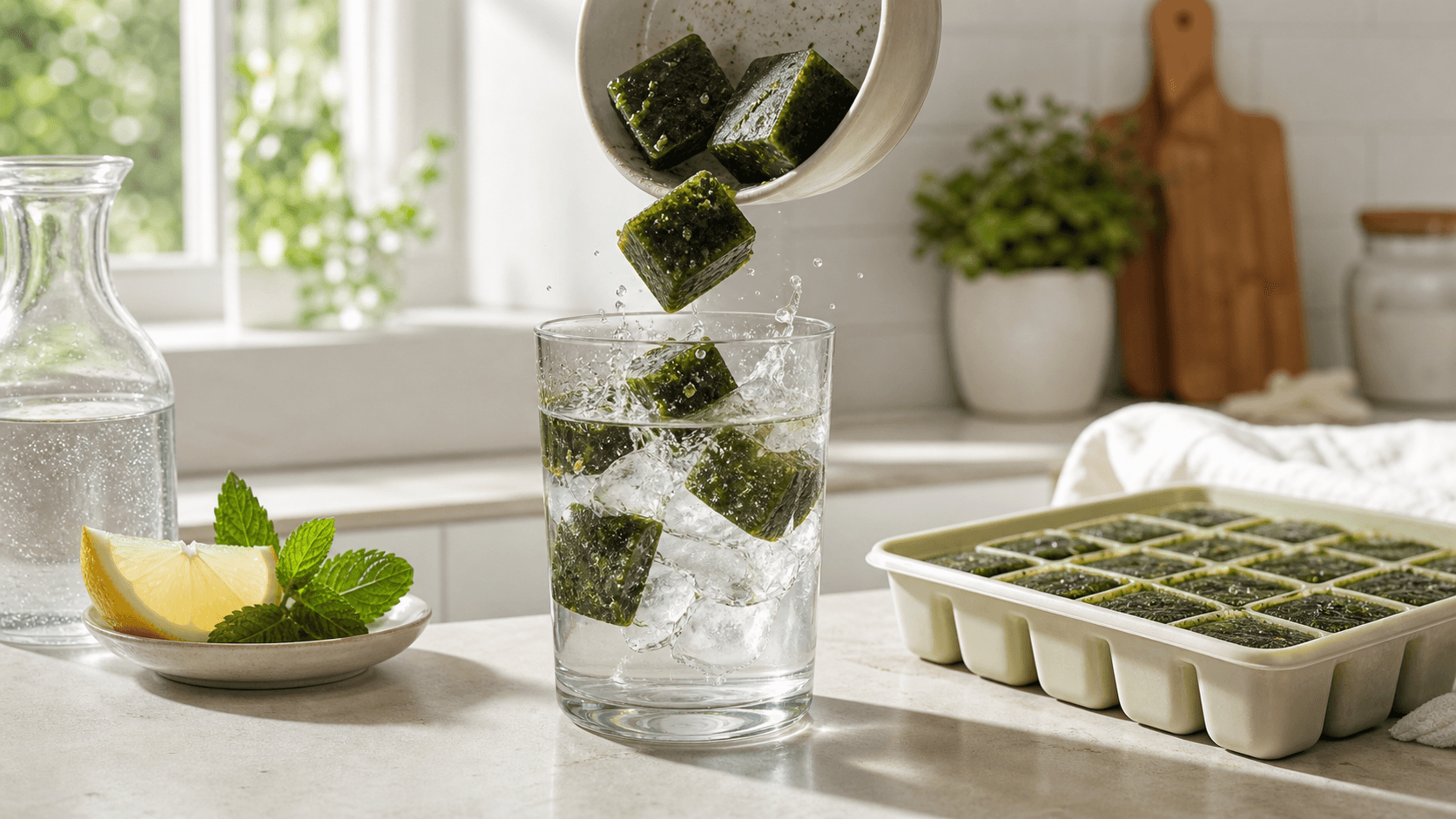 Frozen yerba mate cubes falling into a clear glass of cold water on a bright kitchen counter