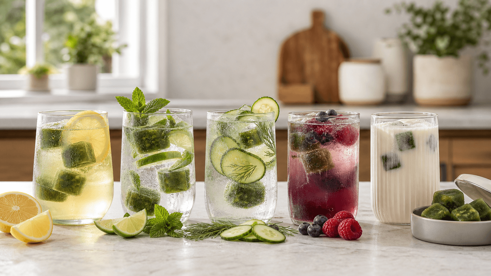 Five yerba mate cube drinks flavored with lemon, mint and lime, cucumber and herbs, berries, and milk on a bright kitchen counter