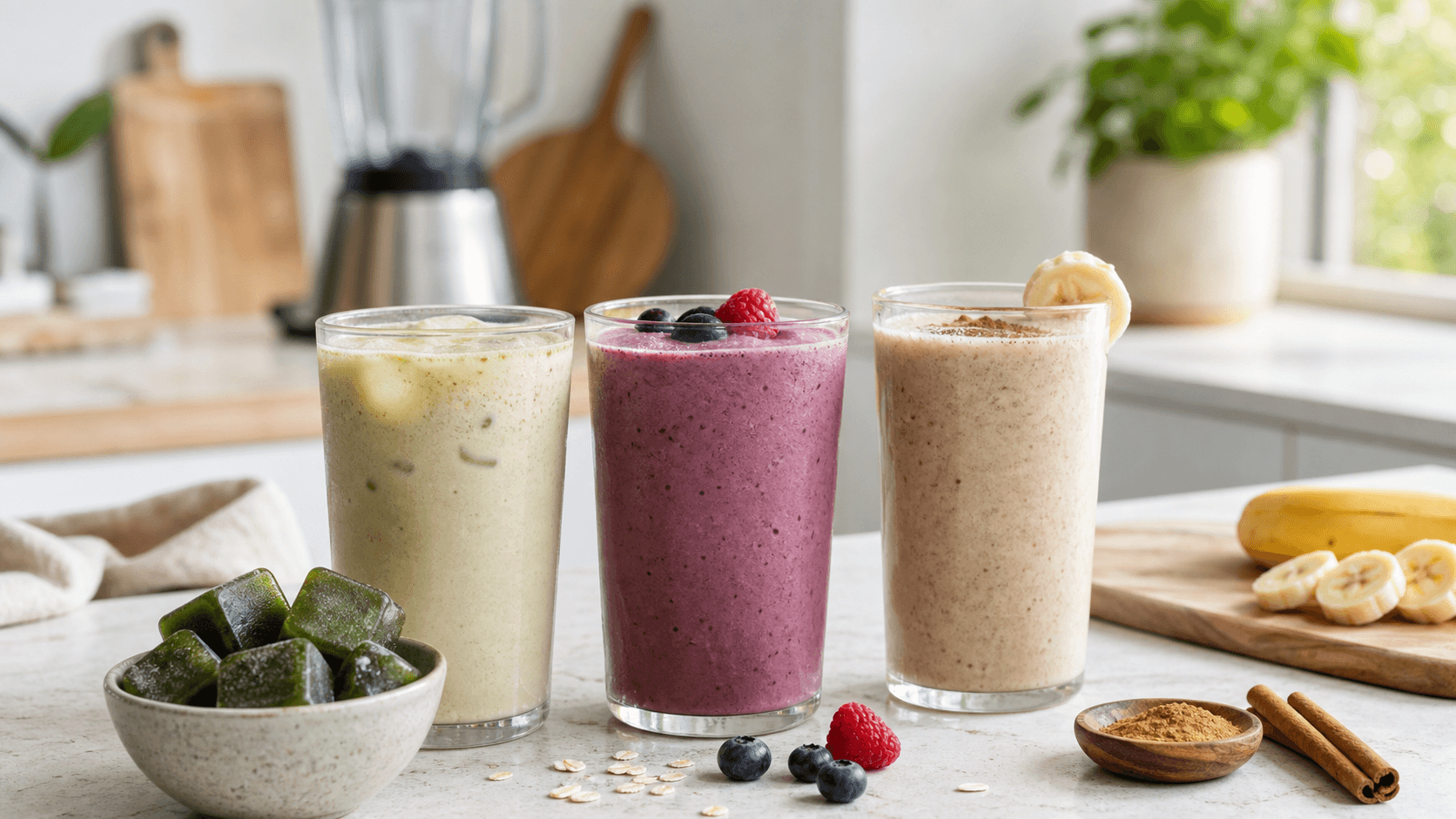 Three creamy yerba mate cube drinks in pale green, berry, and banana-cinnamon flavors beside a bowl of frozen green cubes
