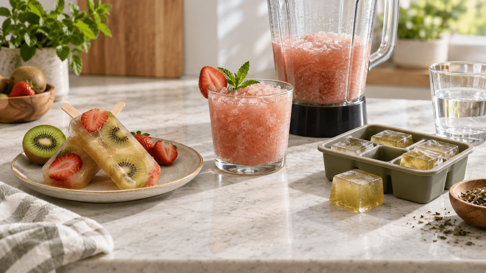 Illustrative fruit ice pops, a pink blended drink, and plain amber-green mate cubes arranged on a kitchen counter