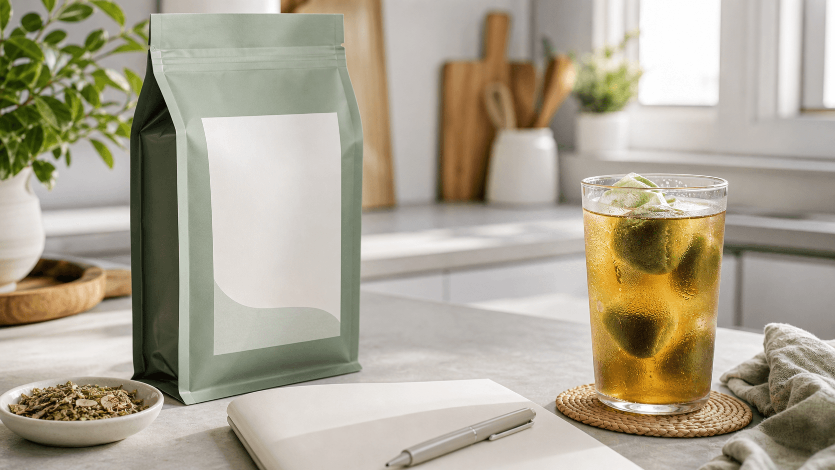 An unbranded yerba mate pouch with a blank label beside loose mate leaves, a notebook, and a glass of iced mate cubes
