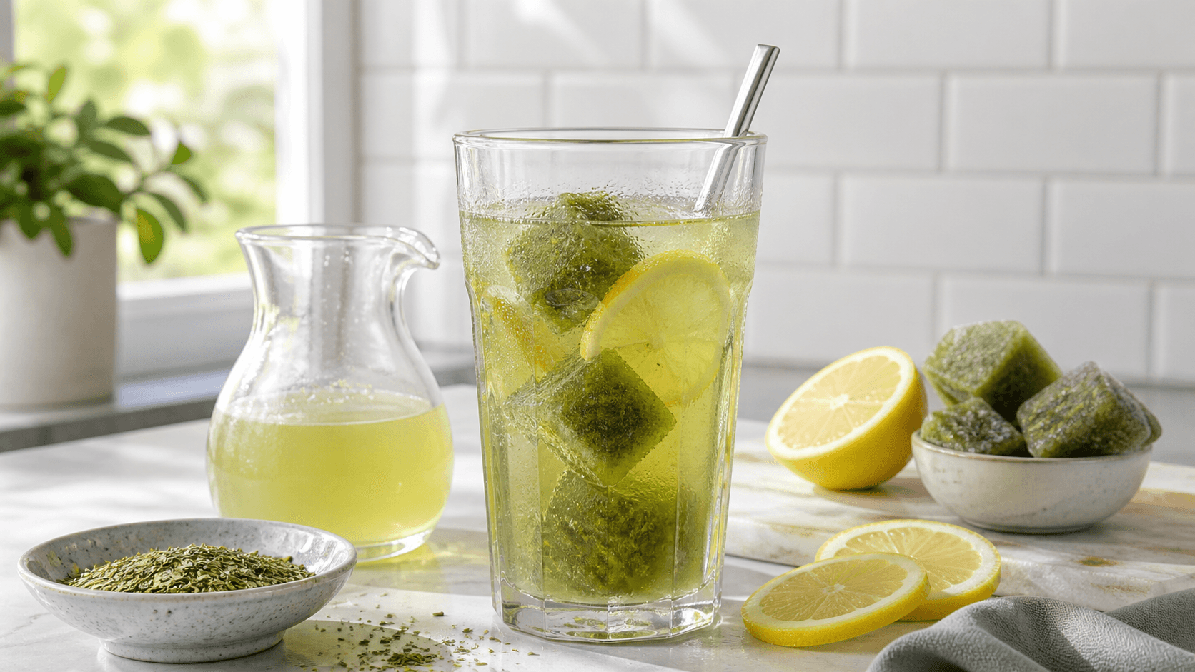 A glass of yerba mate lemonade with green frozen cubes and lemon slices on a bright kitchen counter