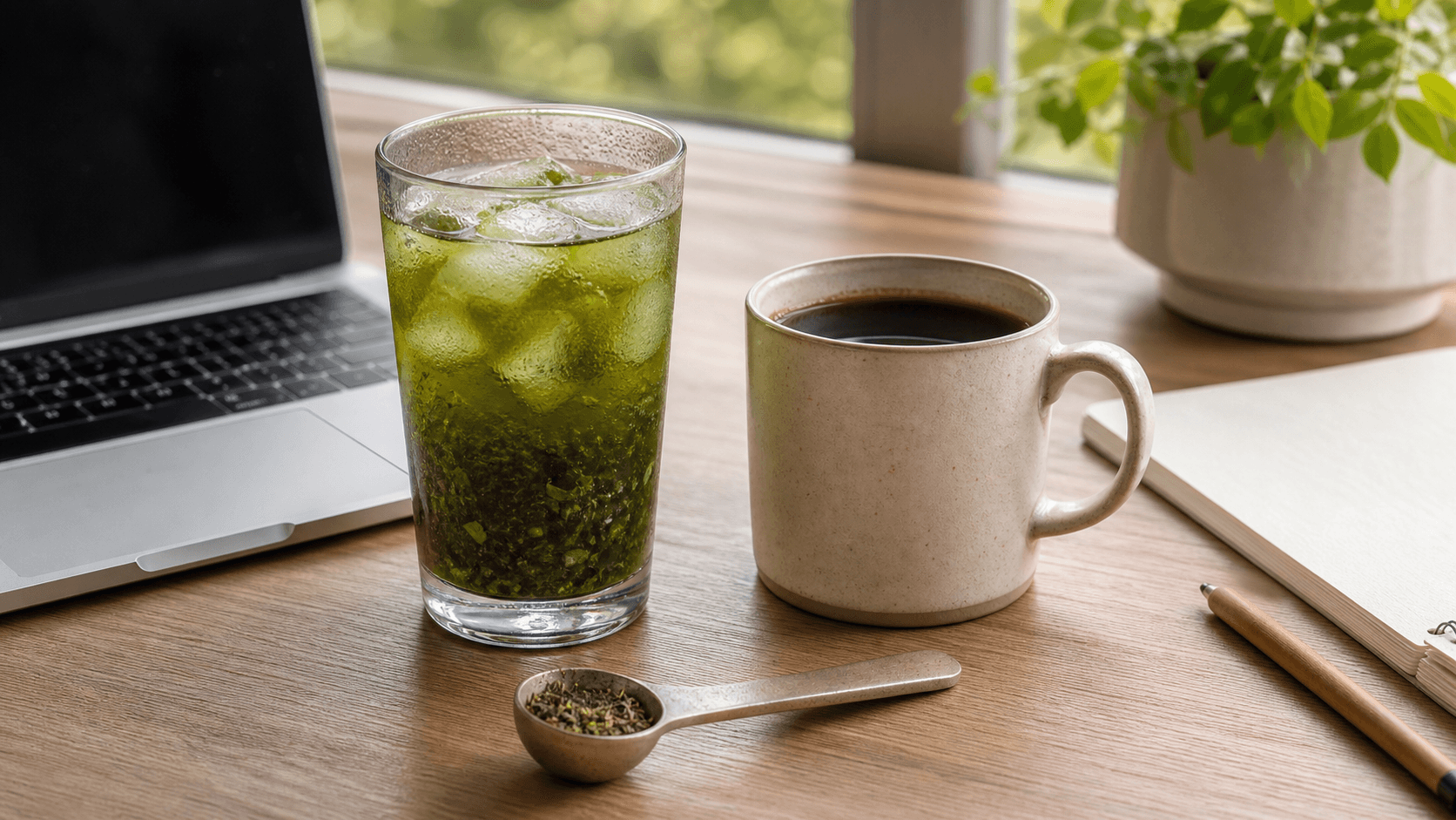 A glass of iced yerba mate beside a mug of black coffee on a morning work desk