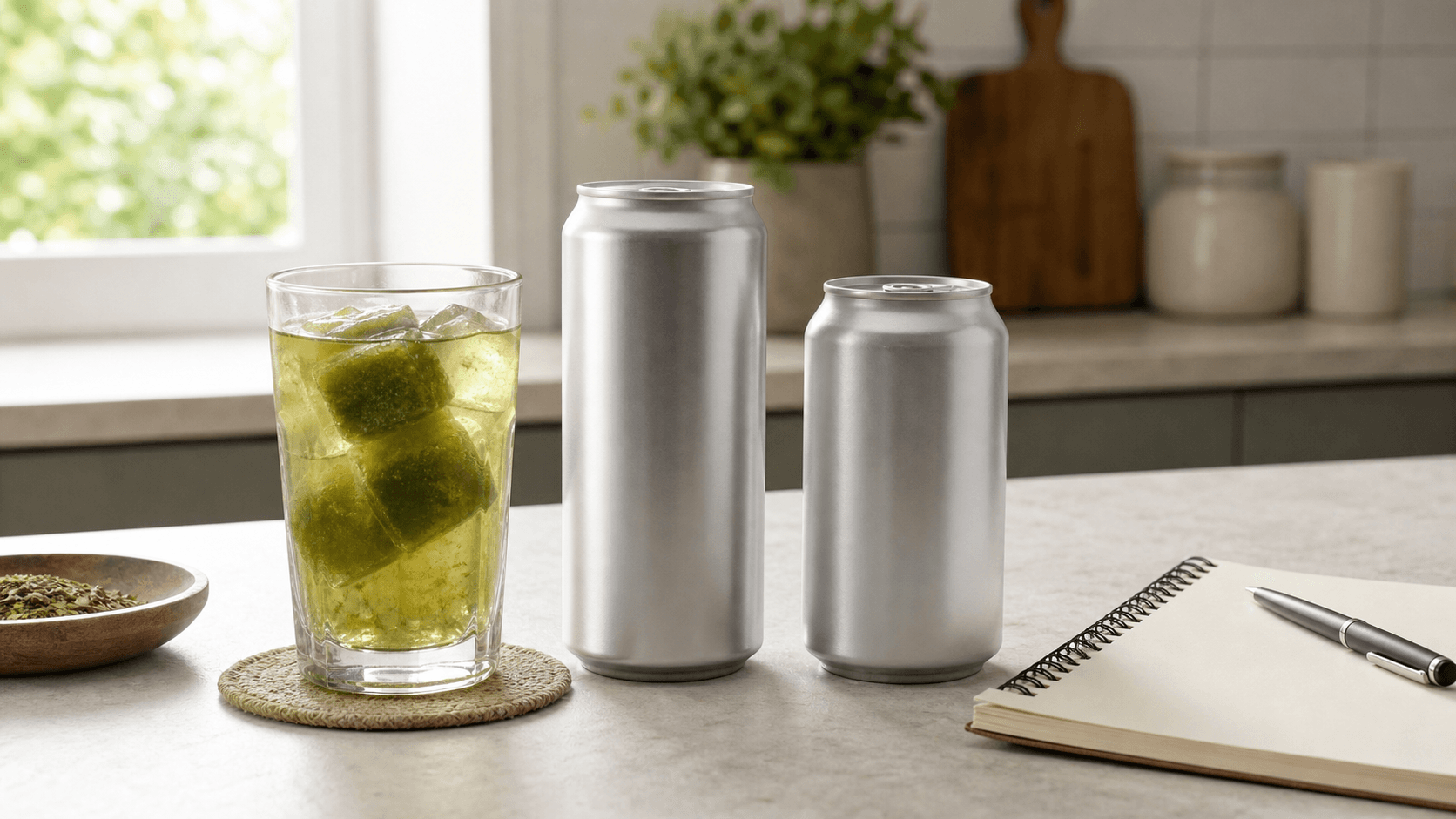Iced yerba mate with frozen green cubes beside two blank silver beverage cans and an empty notebook