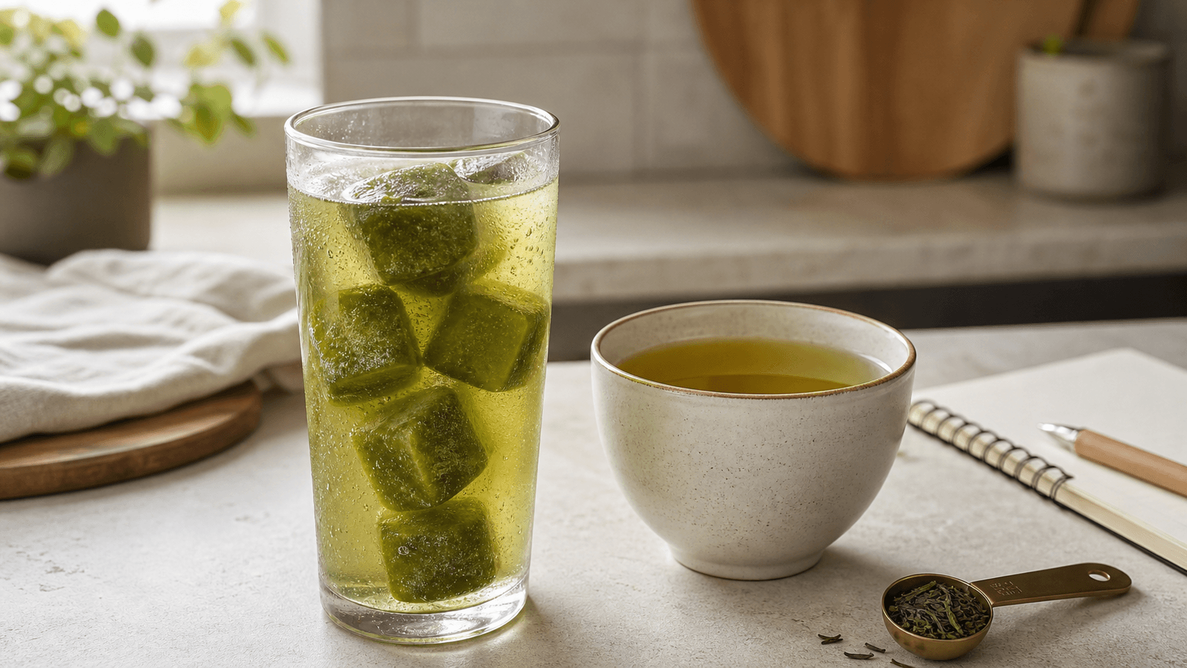 Iced yerba mate with frozen green cubes beside a ceramic cup of brewed green tea and a blank notebook