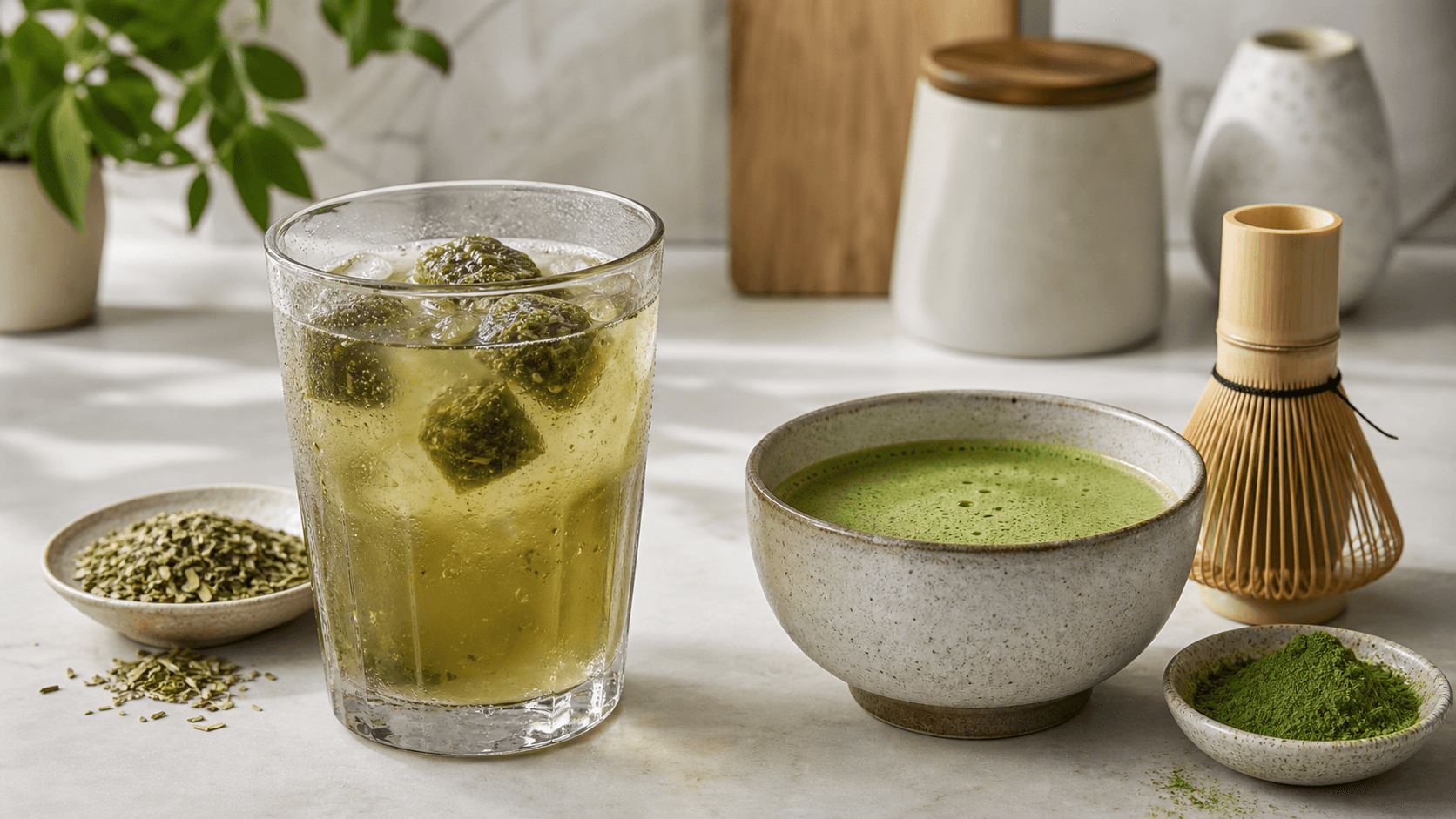 Iced yerba mate with frozen green cubes beside a bowl of whisked matcha on a bright kitchen counter