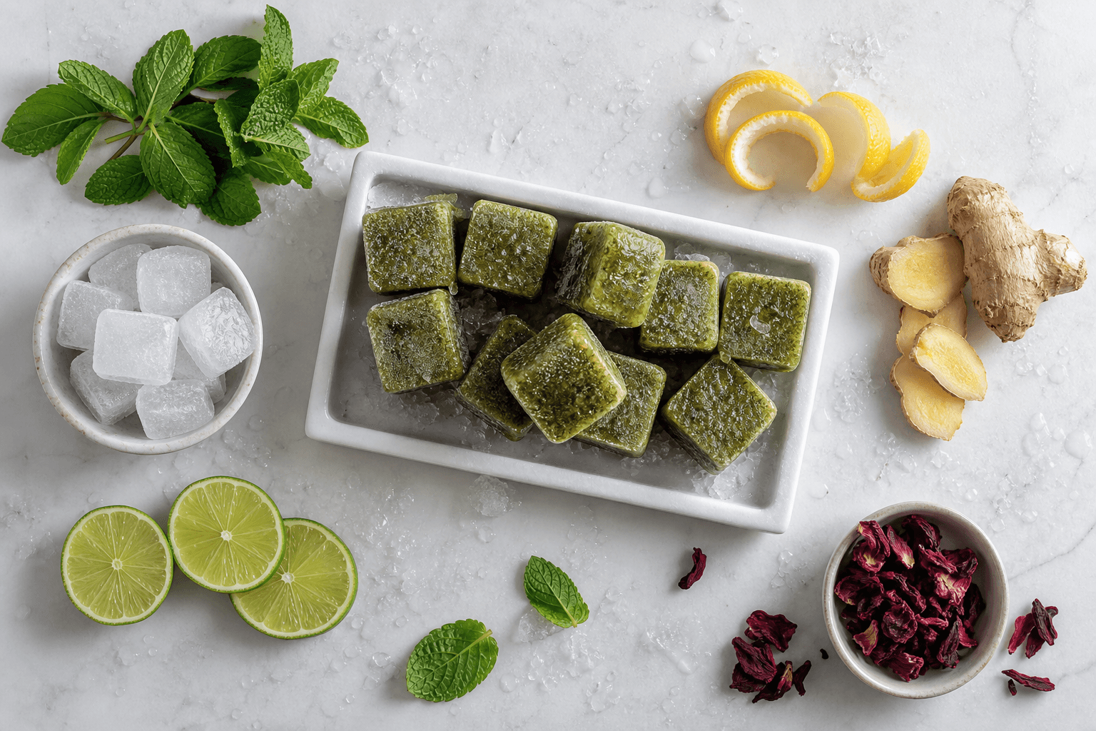 Frozen yerba mate cubes with mint, lime, ginger, lemon, and hibiscus flavor ingredients
