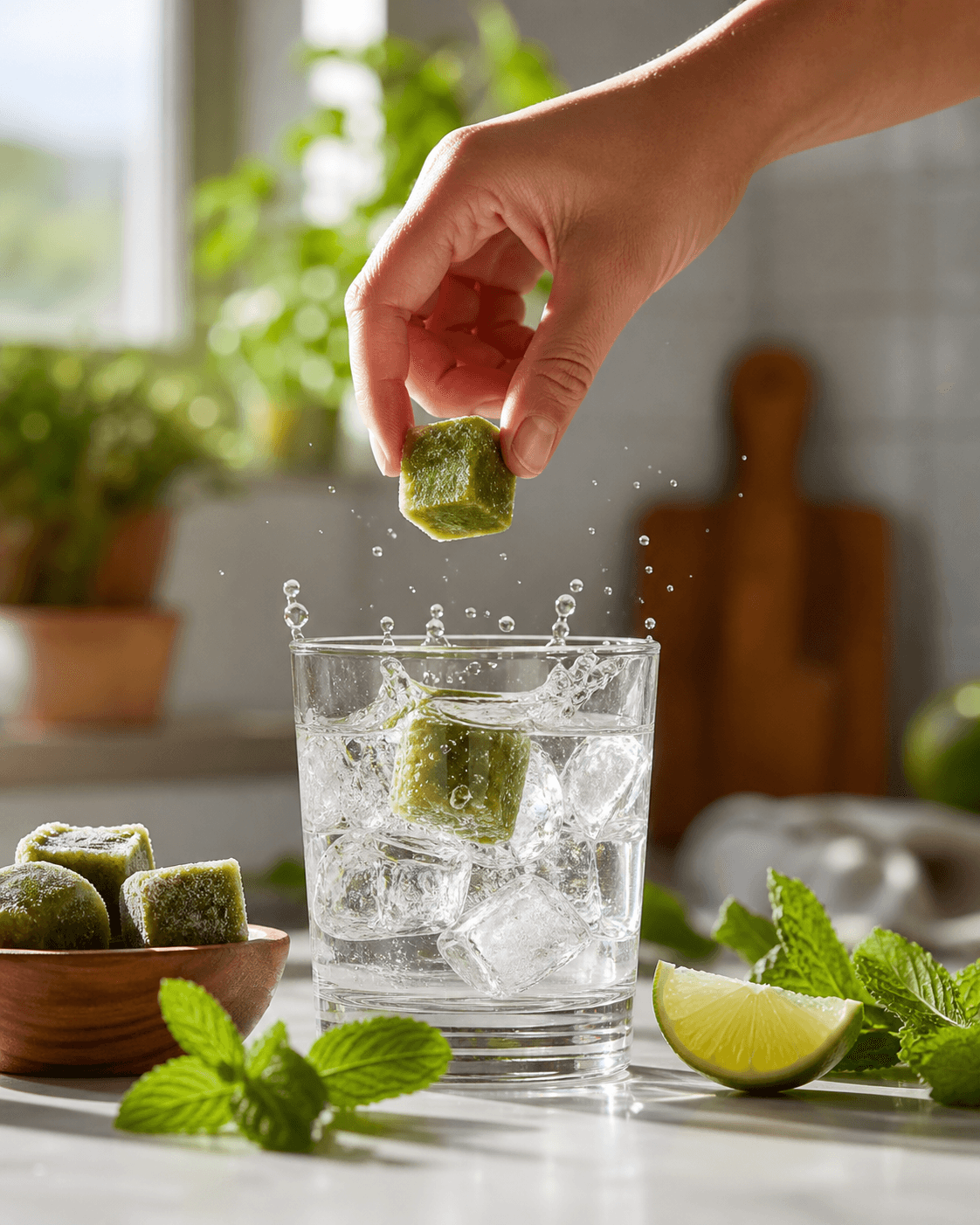 A frozen yerba mate cube being dropped into a glass of ice water