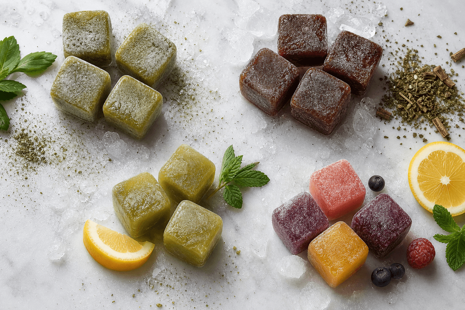 Different frozen yerba mate cube concepts arranged with lemon, mint, berry, and citrus