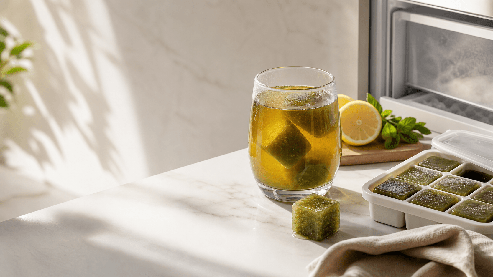 Frozen yerba mate cubes beside a glass of iced mate on a bright kitchen counter