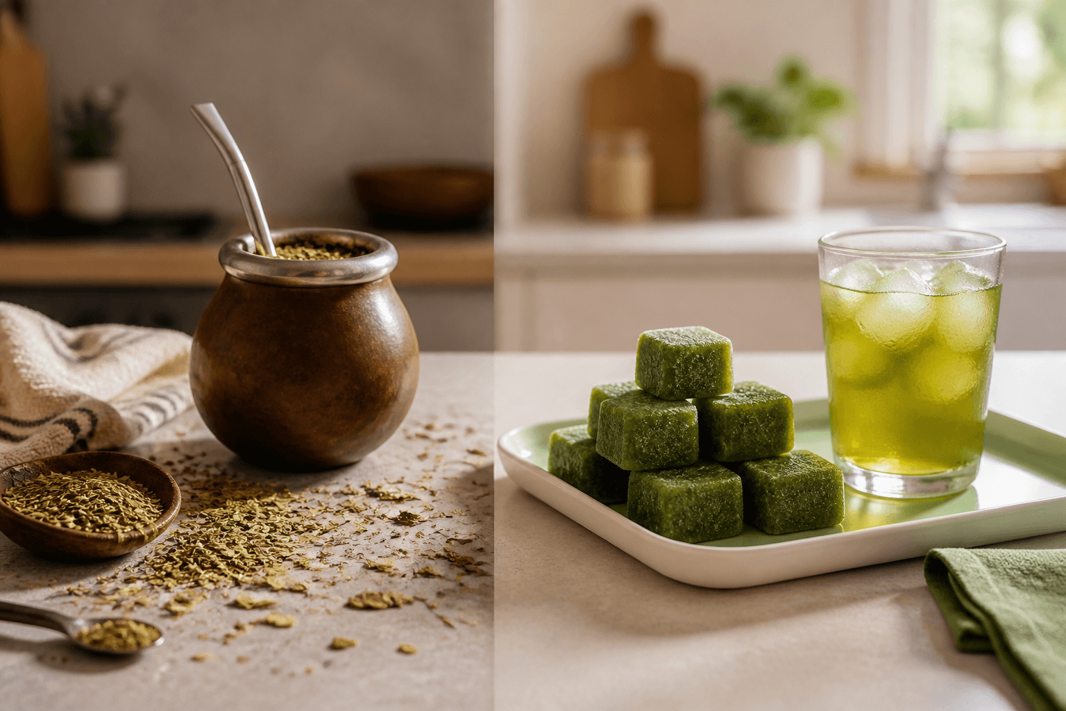 Traditional yerba mate setup with loose leaves beside clean frozen yerba mate cubes