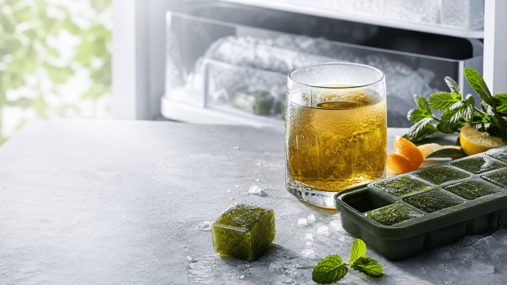 Frozen yerba mate cubes beside a chilled glass and freezer drawer