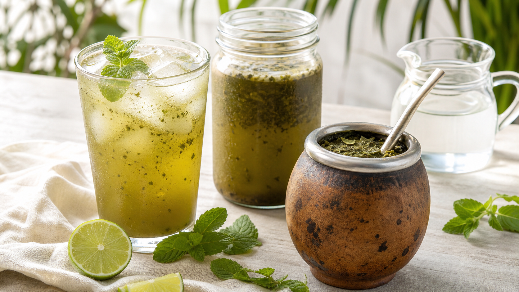 Three cold yerba mate preparations on a table with lime and mint